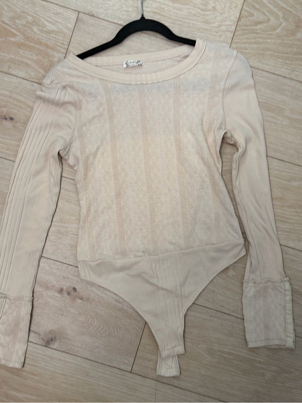 Free People Cream Ribbed Lace Long Sleeve Bodysuit